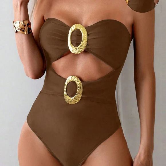 Brown Casual Women's All Hollow Metallic Decor Bodysuit - Picture 6 of 7